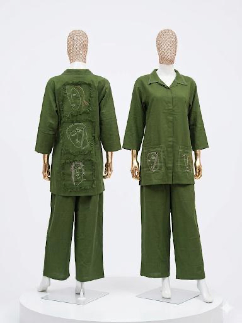 Dark Green Embroidered Cord Set